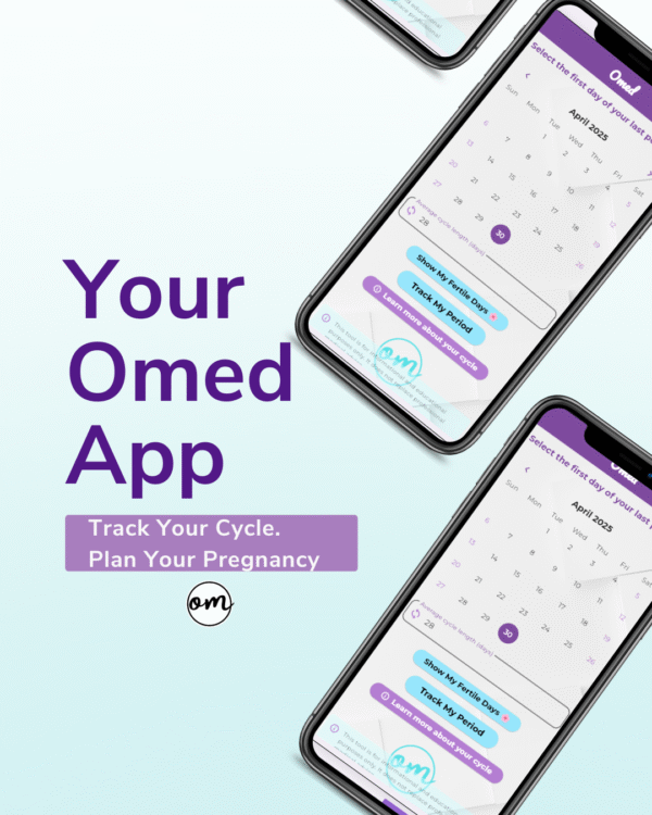 Mockup of Your Omed App showing menstrual calendar and fertility tracker on smartphones, track your cycle