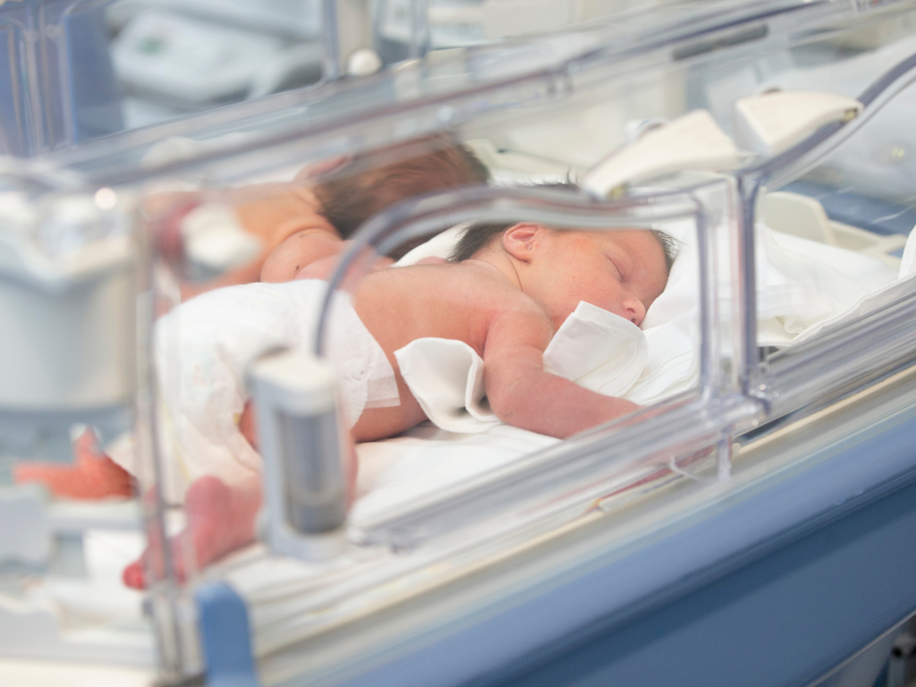 neonatal sepsis. Newborn baby in neonatal incubator lying face down for medical monitoring of early-onset sepsis risk