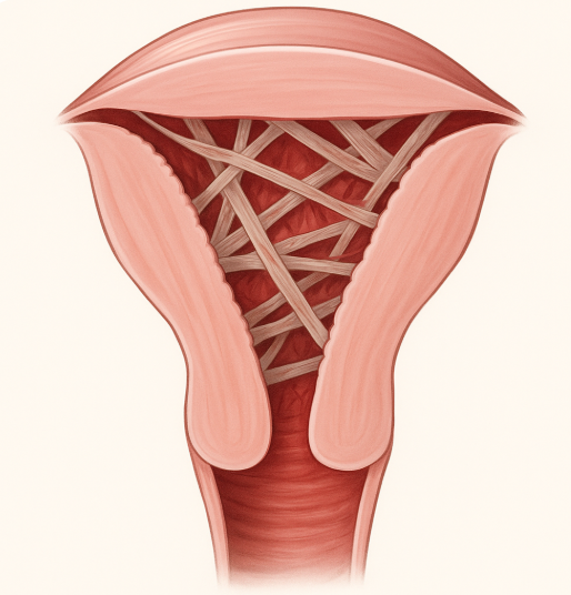Uterus with intrauterine adhesions in Asherman's Syndrome, showing scar tissue formation in soft realistic style